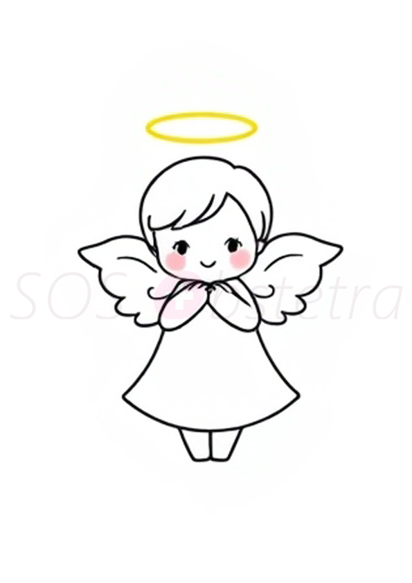 Exemplo de arte gestacional: ilustração de um anjo com auréola amarela, ideal para pintura personalizada, disponível no curso online de arte gestacional da SOSObstetra.